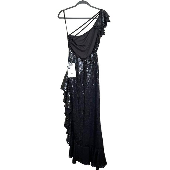 Mac Duggal Black Sequins One Shoulder Strap Open Back Ruffle Maxi Dress NWT - Picture 4 of 6